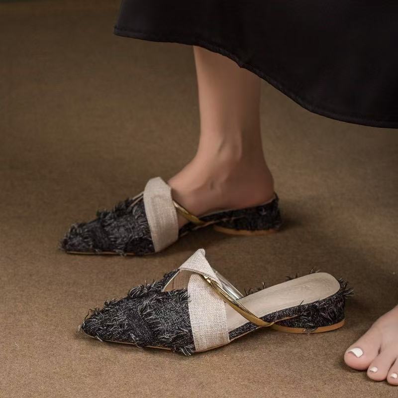 Slippers 2024 Women Mules Elegant Sandals Pumps Summer Female Shoes Low Heels New In Fashion Ladies Sandal Pointed Toe Slides shoes