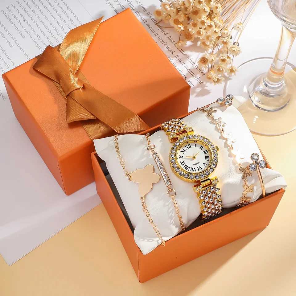 Luxury and fashion full diamond Womens quartz watch and jewelry 5-piece set suitable for everyday wear Thanksgiving and Chris Y251212
