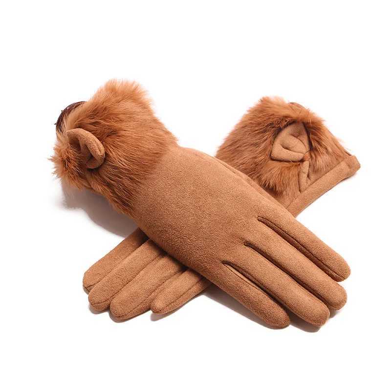Winter Female Suede Leather Bow Plush Wrist Mitten Women Thick Plus Plush Windproof Warm Touch Screen Driving Gloves J22 Y251211