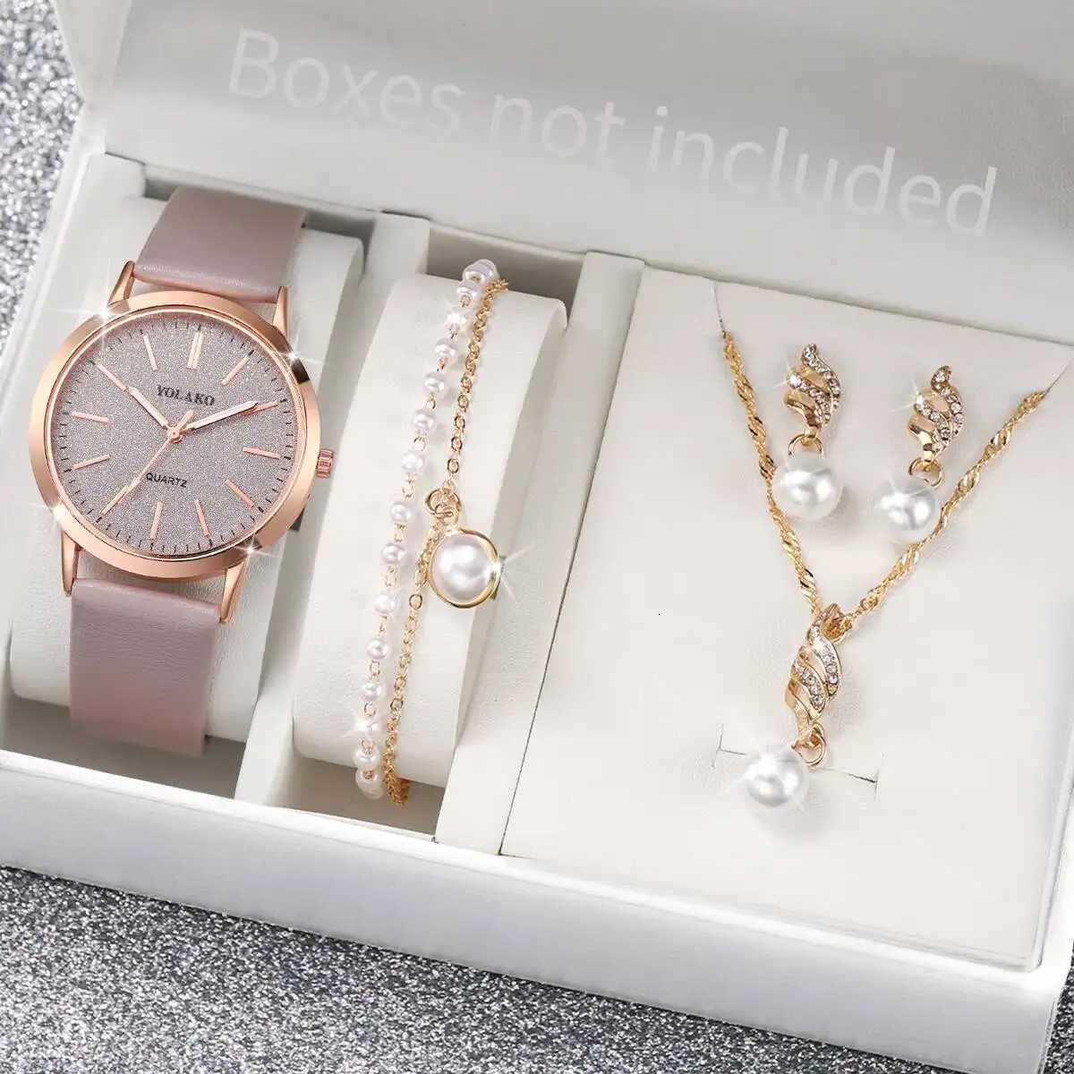 5PCS/Set Fashion Women Watches Simple Leather Strap Quartz Wristwatch Pearls Jewelry Set Reloj MujerWithout Box Y251212