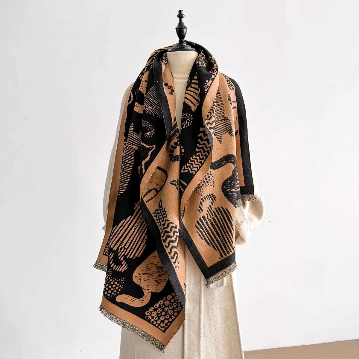 2025 Luxury Fashion Womens Cat Pattern Shawl Faux Cashmere Warm Autumn Winter Scarf for Mujer Femme Stylish Accessory Bufand Y251211