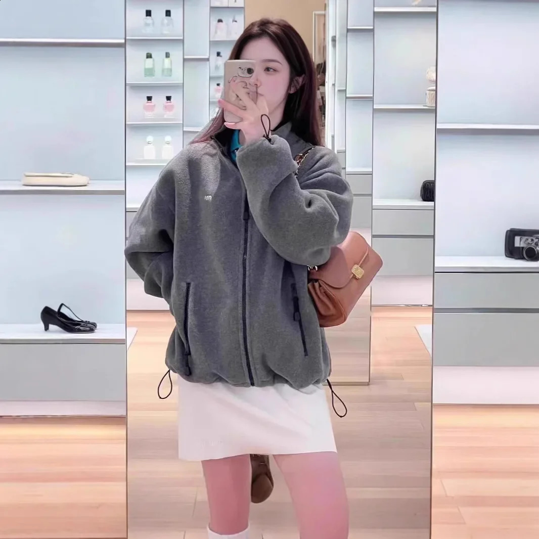 Autumn Winter Fashionable Simple Letter Embroidery Badge Grey Tweed Loose Fit Couple Jacket Trendy 5481
