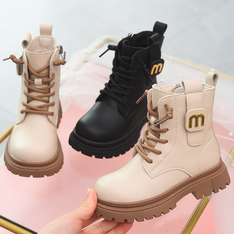2026 New Autumn Winter Girls' Genuine Leather Martin Boots Fashion Fleece-Lined British Style Mid-Large Kid Boots