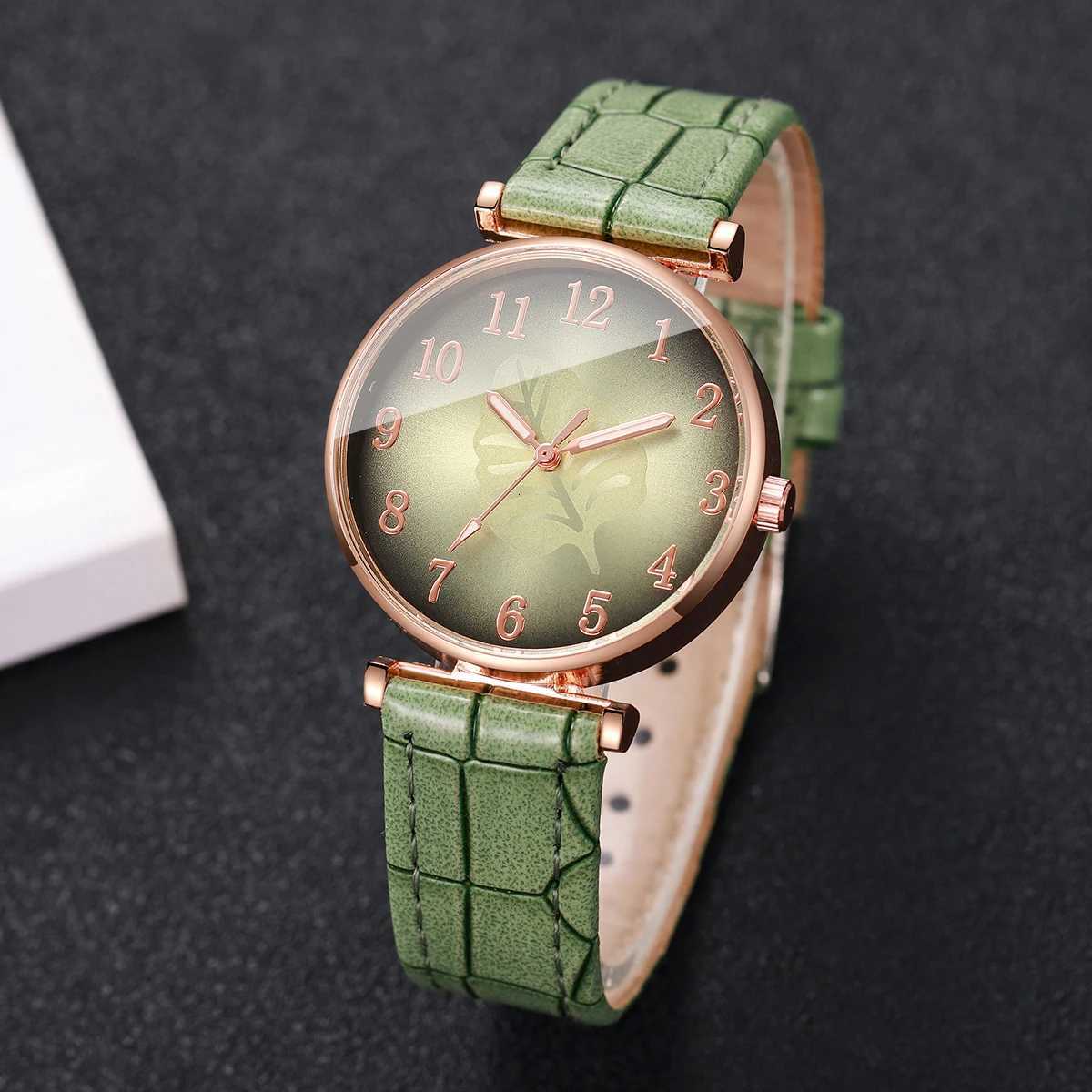 1/5PCS Fashion Leaf Dial Womens Watch Leather Band Ladies Quartz Wristwatch Rhinestone Jewelry Set Reloj MujerWithout Box Y251212