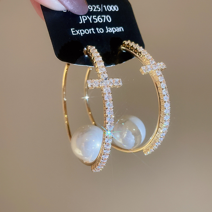 Real Gold Plated Zircon Cross Pearl Hoop European and American Retro Elegant Temperament Earrings Light Luxury High-end Feel Ear Jewelry - view 6