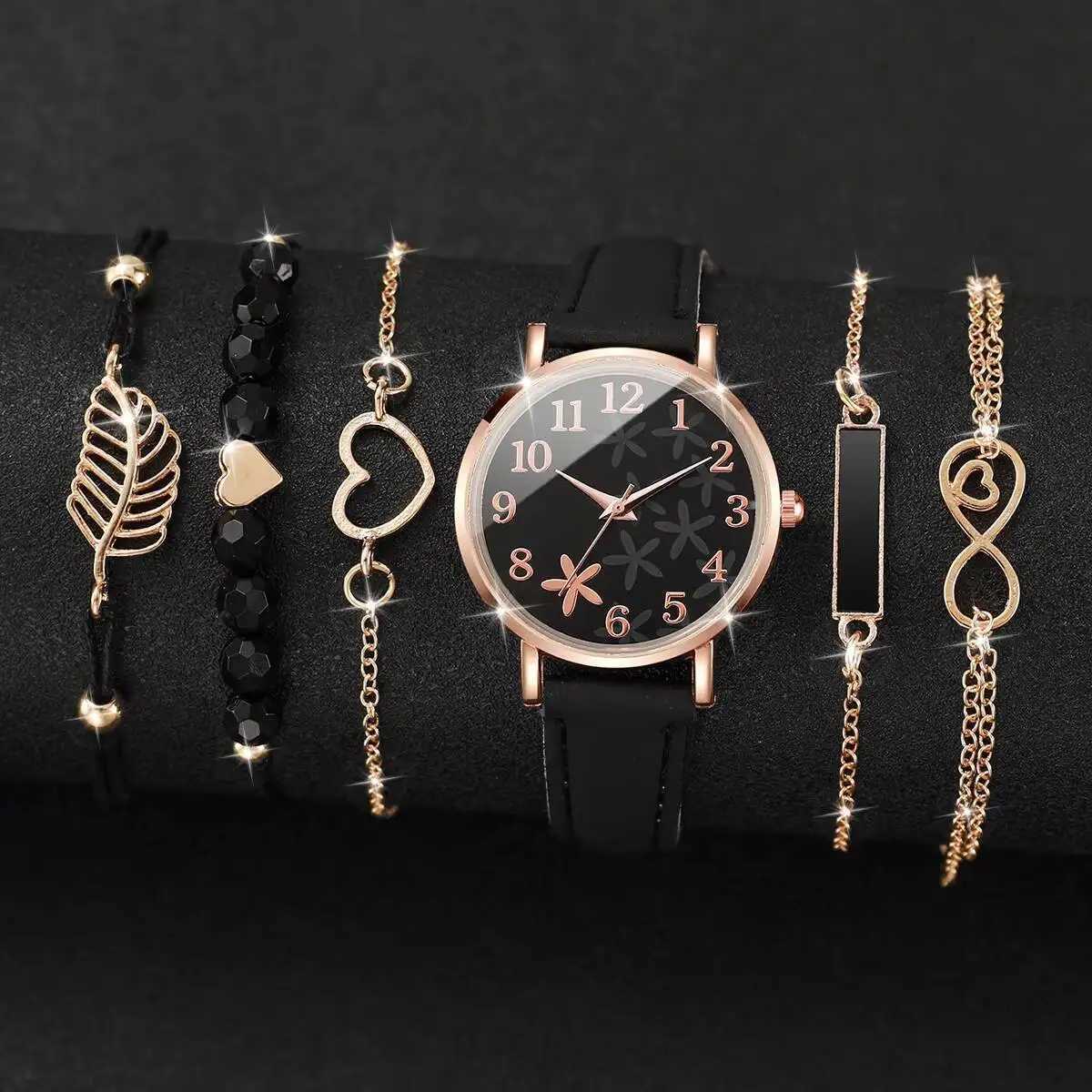6PCS/Set Fashion Flower Dial Womens Watch Casual Leather Strap Quartz Watches Leaf Bracelets SetWithout Box Y251212