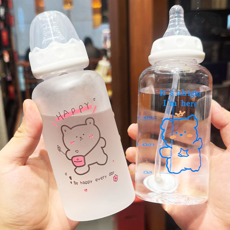 Creative Adult Nursing Bottle Cute Transparent Glass Water Bottles for Girls With Straw Portable Kids Student Drinking Bottles 230516