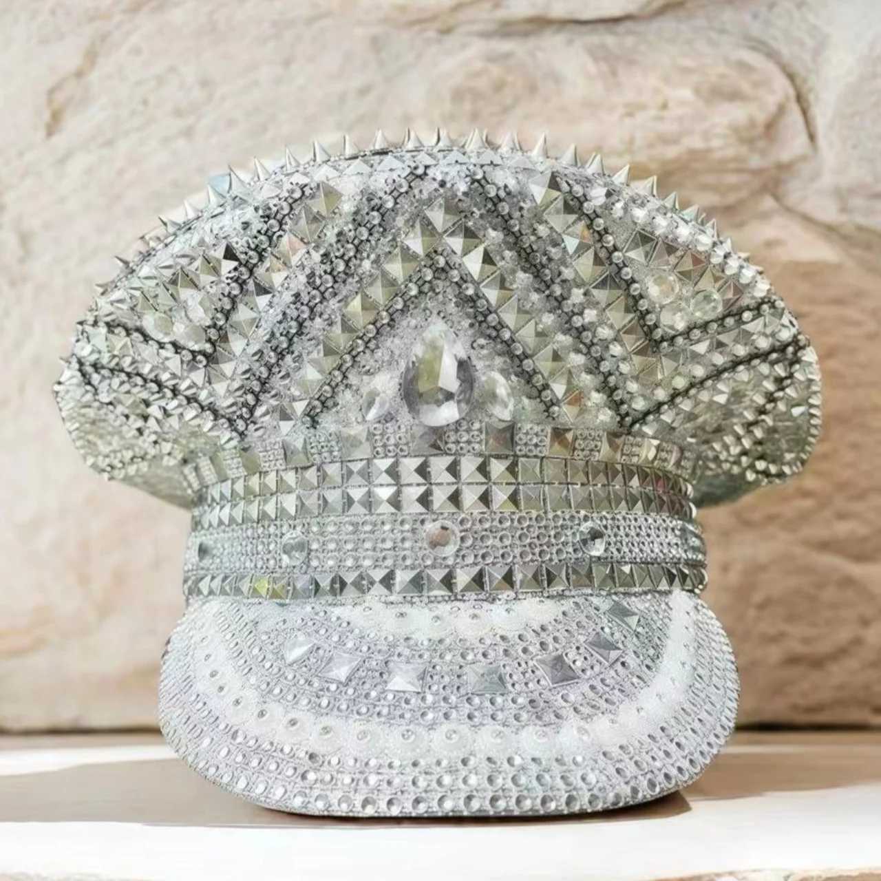 Beige Luxury Festival Captain Hat Unisex Adult Masquerade Military Cap Rhinestone Steampunk Sergeant Hat Music Festival Cosplay X251212 - view 3