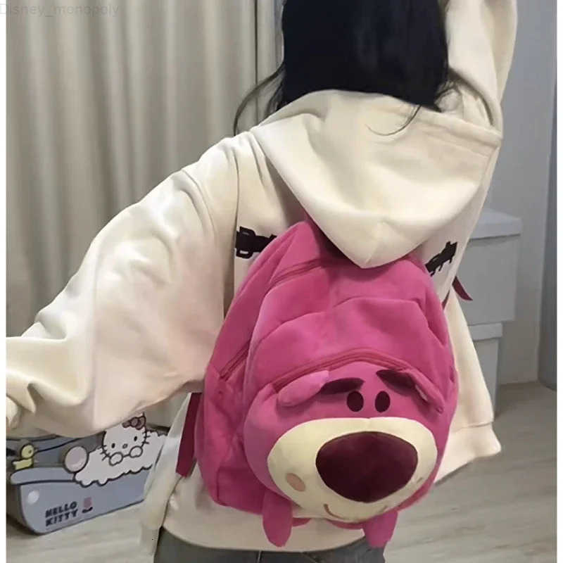 Disney Cartoon Pink Strawberry Bear Backpack Student Cute Large Capacity Plush Backpack Childrens Daily Travel Portable H251212