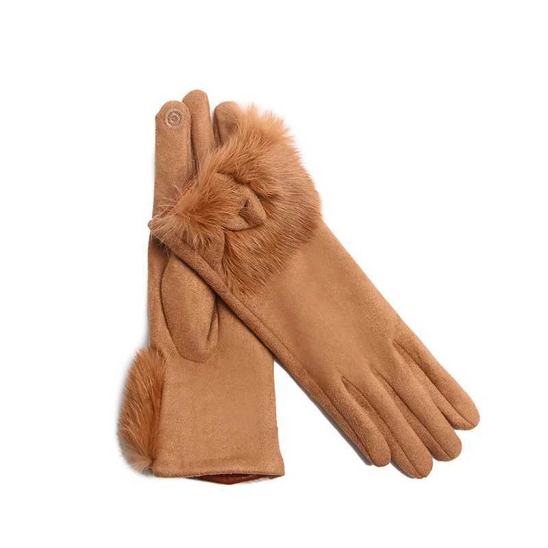 Winter Female Suede Leather Bow Plush Wrist Mitten Women Thick Plus Plush Windproof Warm Touch Screen Driving Gloves J22 Y251211