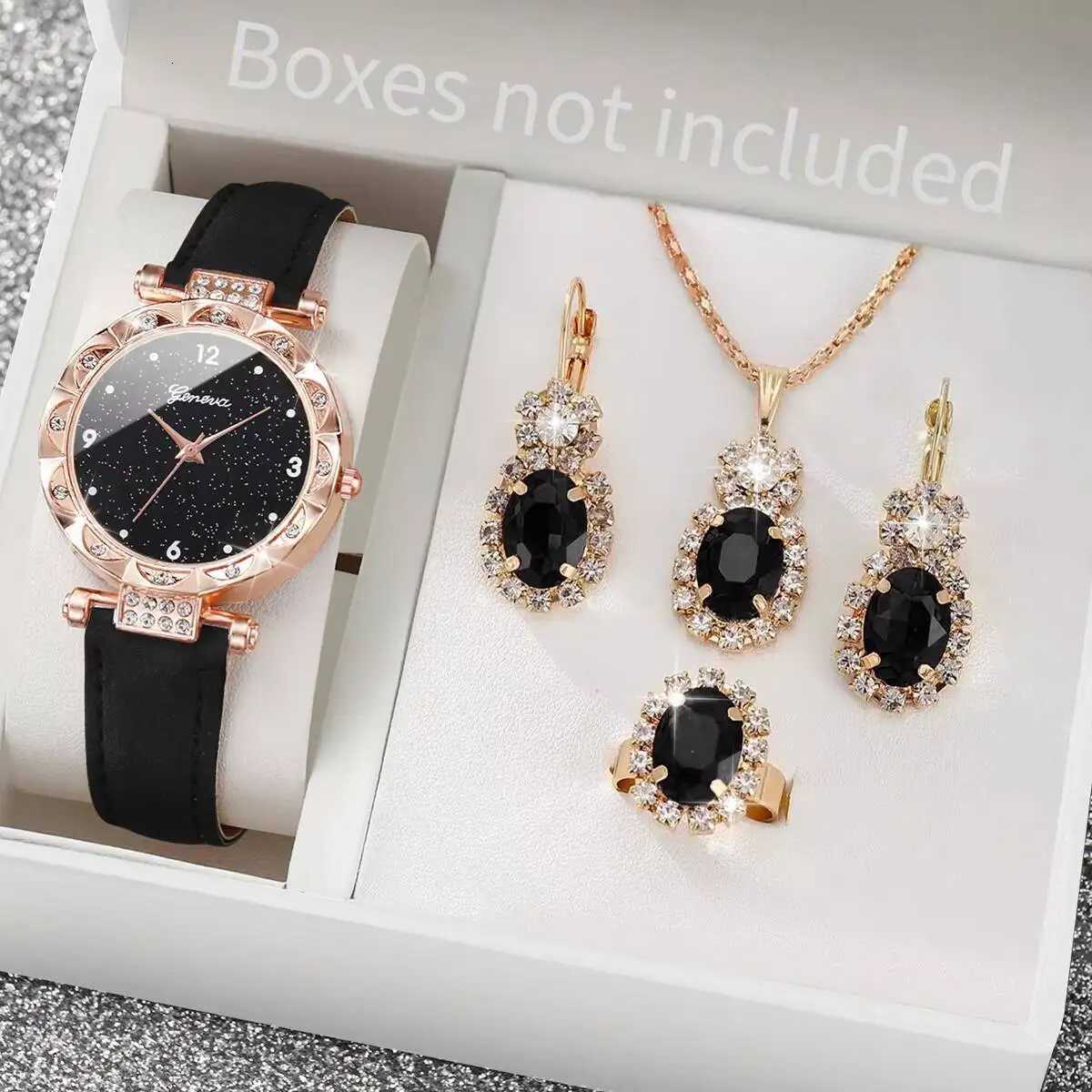 5PCS/Set Fashion Rhinestone Womens Watch Leather Strap Ladies Quartz Wristwatches Diamond Jewelry Set Reloj MujerWithout Box Y251212
