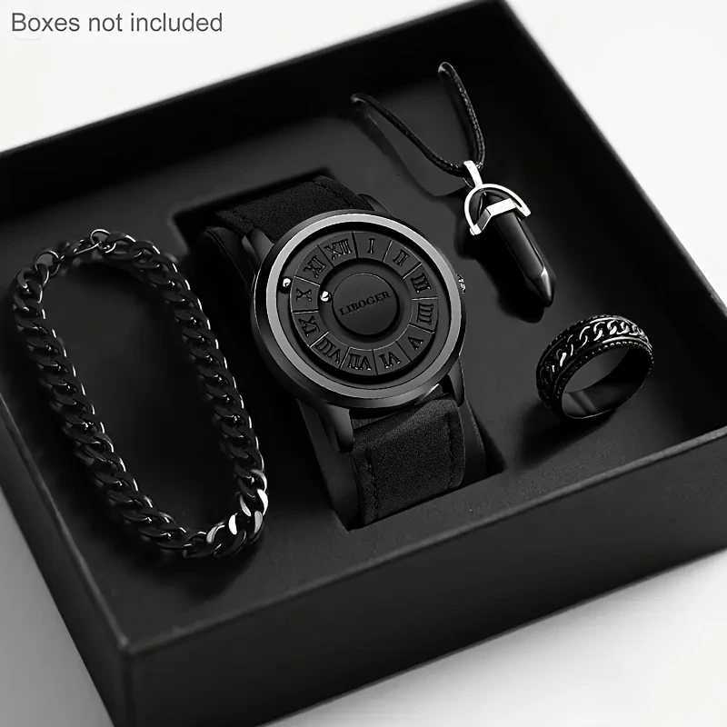 4PCS Mens Watch Jewelry Set Fashion Magnetic Suspension Quartz Watches Casual Sports Roma Dial Wristwatches Without Box Y251212
