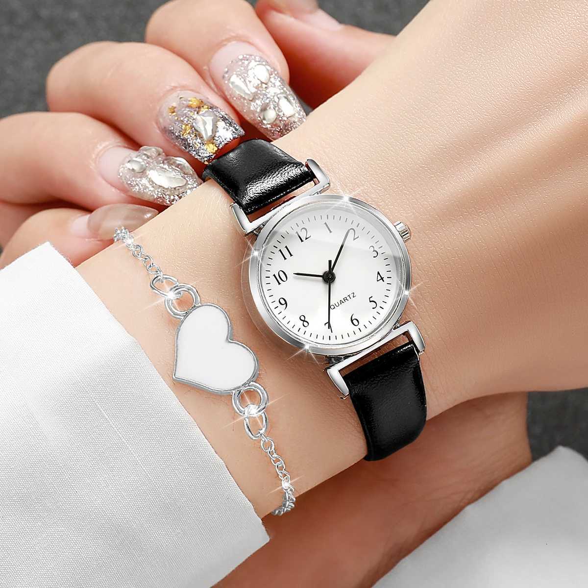 4PCS Fashion Women Leather Strap Quartz Watches Casual Arabic Dial Watch Heart Bracelet Set Reloj Mujer Without Box Y251212