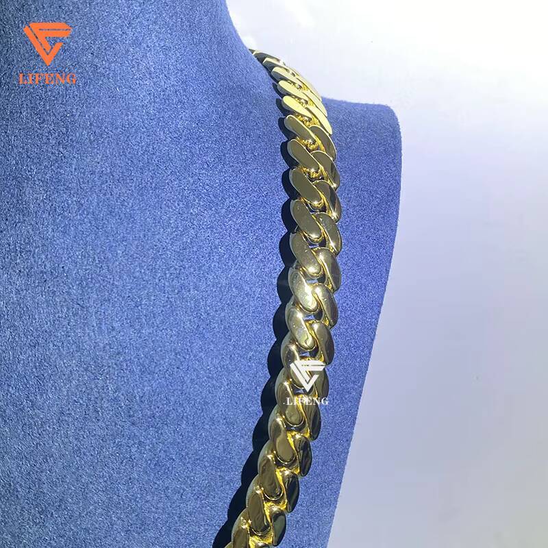 Lifeng Jewelry Luxury Style 14k Gold Plated Cuban Link Chain 14mm Hiphop Men 925 Sterling Silver Smooth Cuban Chain Necklace