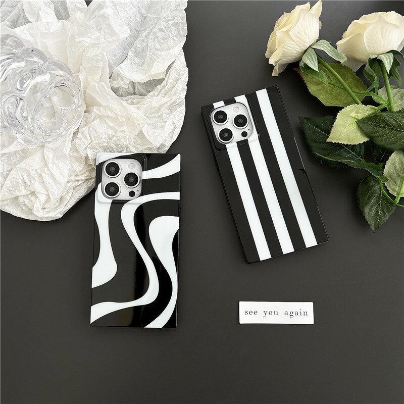 Vintage Black White Wave Pattern 17 Pro Max, Shockproof Square with Vertical Stripes for iPhone 16 and 15, Soft Cross-Border Case