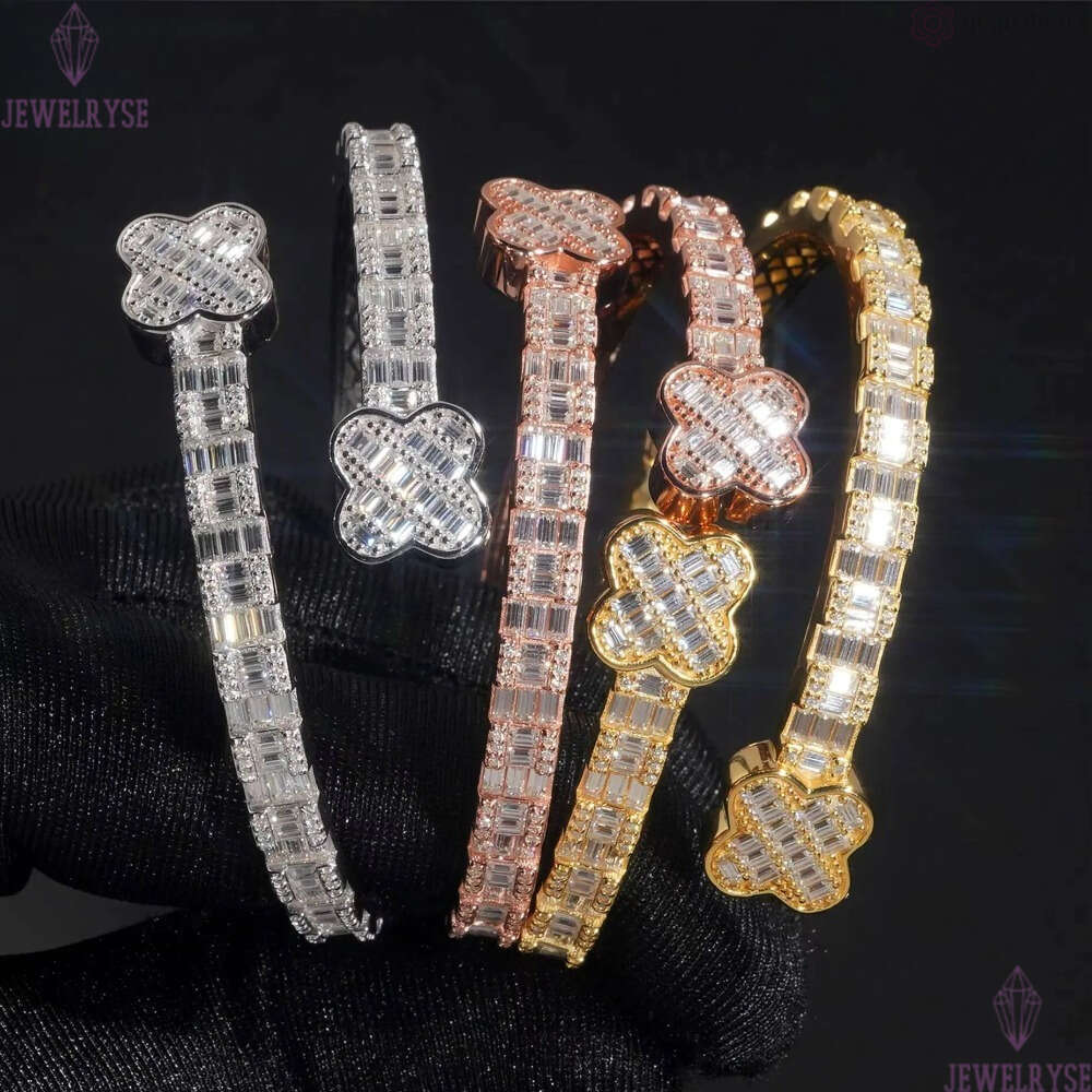 925 Sterling Silver Iced Out Hip Hop Jewelry VVS Moissanite Diamond Four Leaf Clover Bracelet Bangle Men