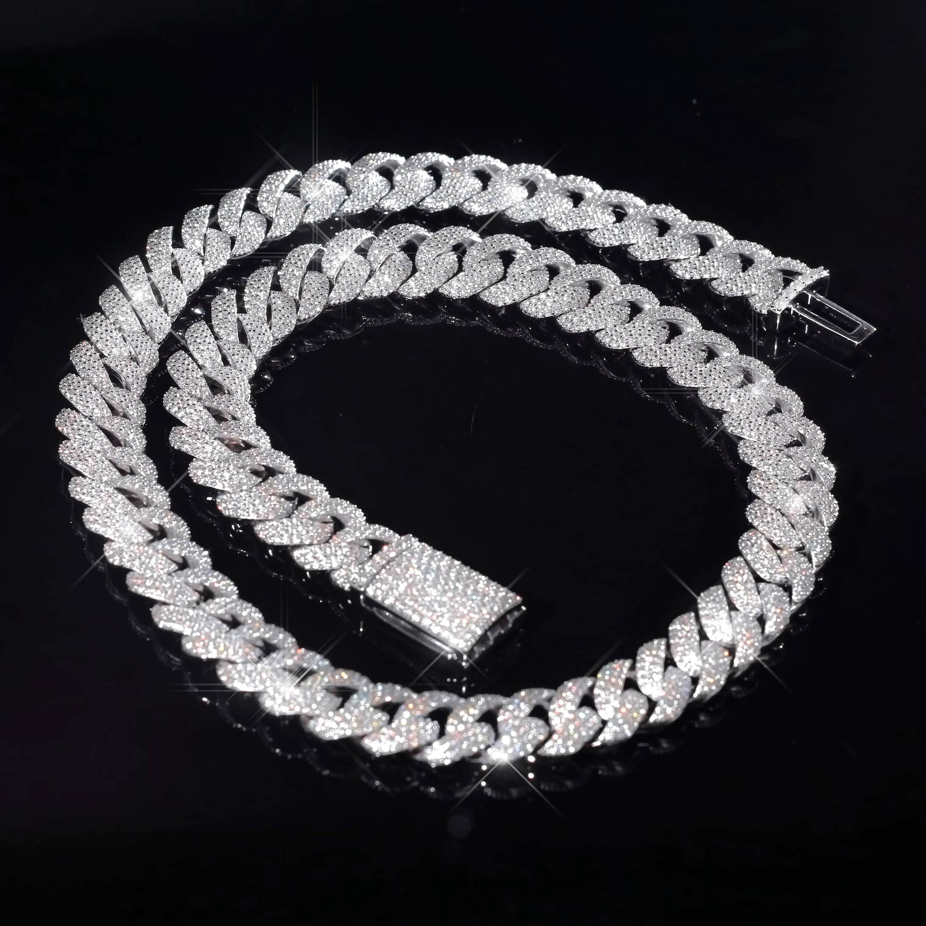 12MM Vvs Iced Out Chain Studded Miami Cuban Link Chain 925 Sterling Silver Moissanite Cuban Chain
