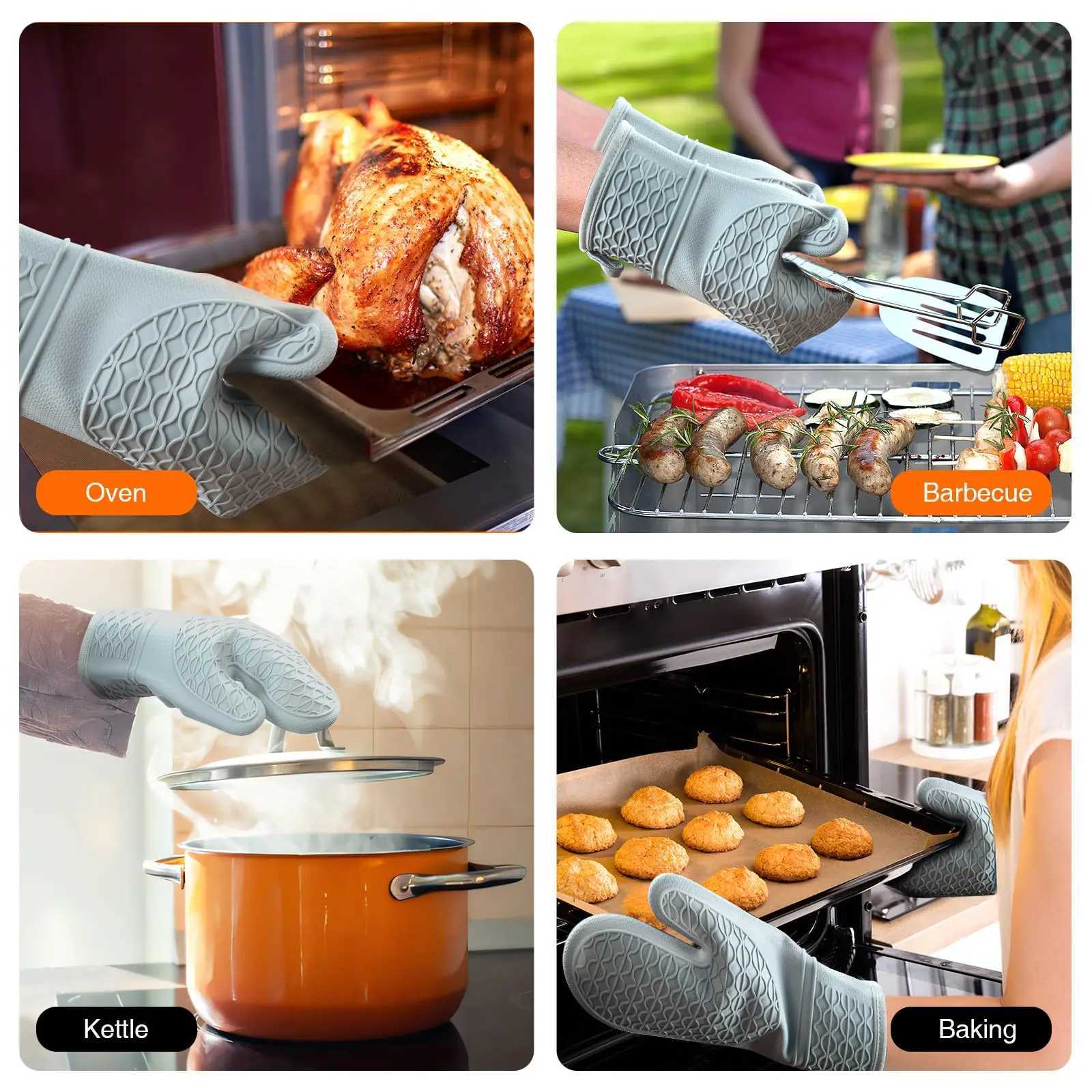 Silicone Oven Mitts Heat Resistant 2 PCS Oven Mitts with Soft Cotton Lining Non-Slip Grip Oven Glove Kitchen Potholder BBQ H251212