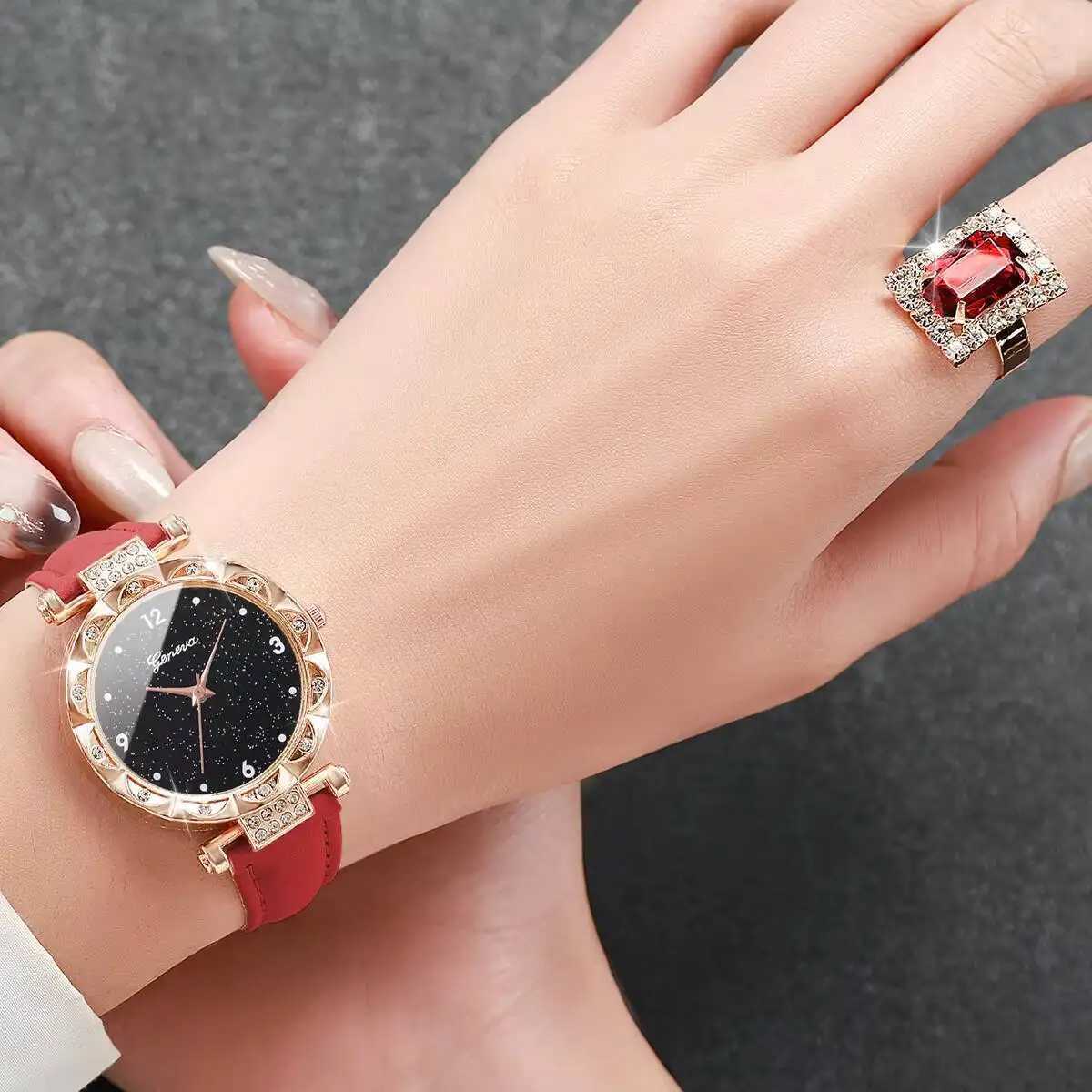5PCS/Set Fashion Rhinestone Womens Watch Leather Strap Ladies Quartz Wristwatches Diamond Jewelry Set Reloj MujerWithout Box Y251212