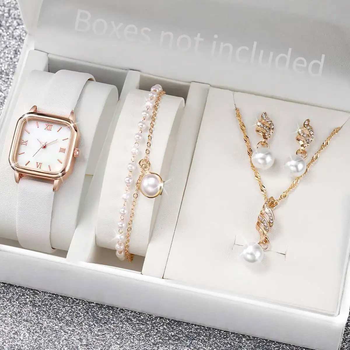 5PCS/Set Fashion Square Womens Quartz Watches Leather Strap Wristwatch Pearls Jewelry Set Reloj MujerWithout Box Y251212