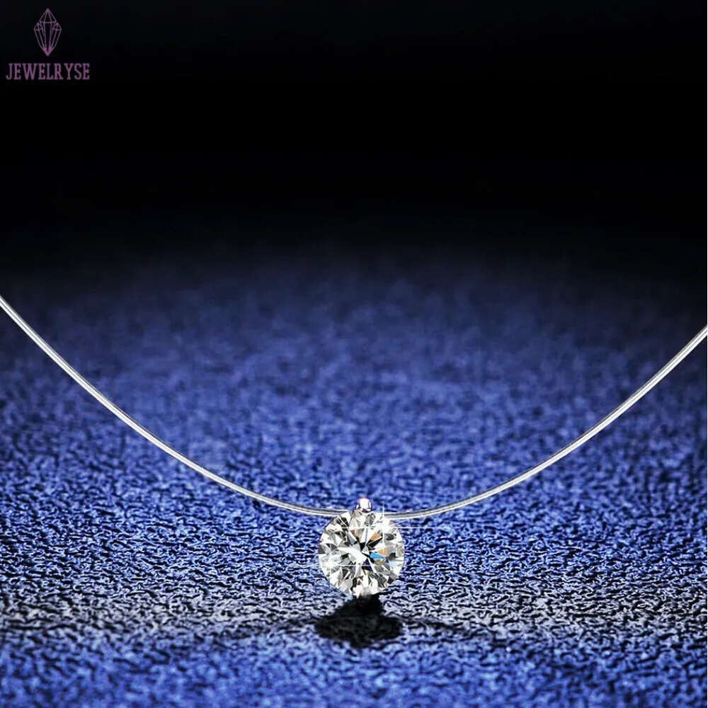 Simple Solitaire Pendant Fashion Jewelry 925 Sterling Silver Round Cut Moissanite Diamond Transparent Fishline Party Women Wedding Beach Necklace Gift