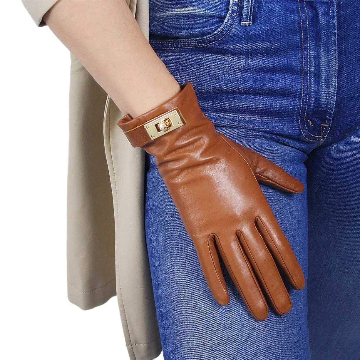 DooWay Womens Leather Short Gloves Brown Genuine Lambskin Sheepskin Golden Button Lock Closure Fashion Costume Winter Glove Y251211