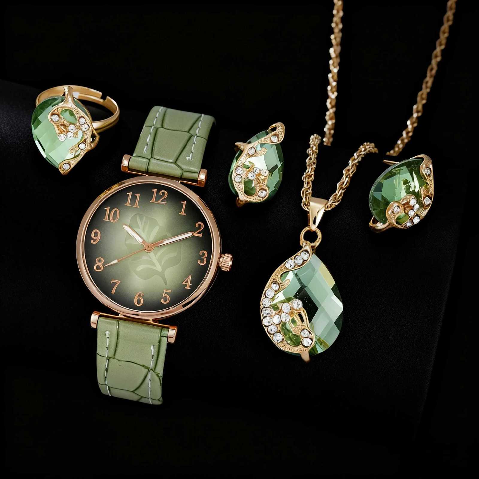 1/5PCS Fashion Leaf Dial Womens Watch Leather Band Ladies Quartz Wristwatch Rhinestone Jewelry Set Reloj MujerWithout Box Y251212