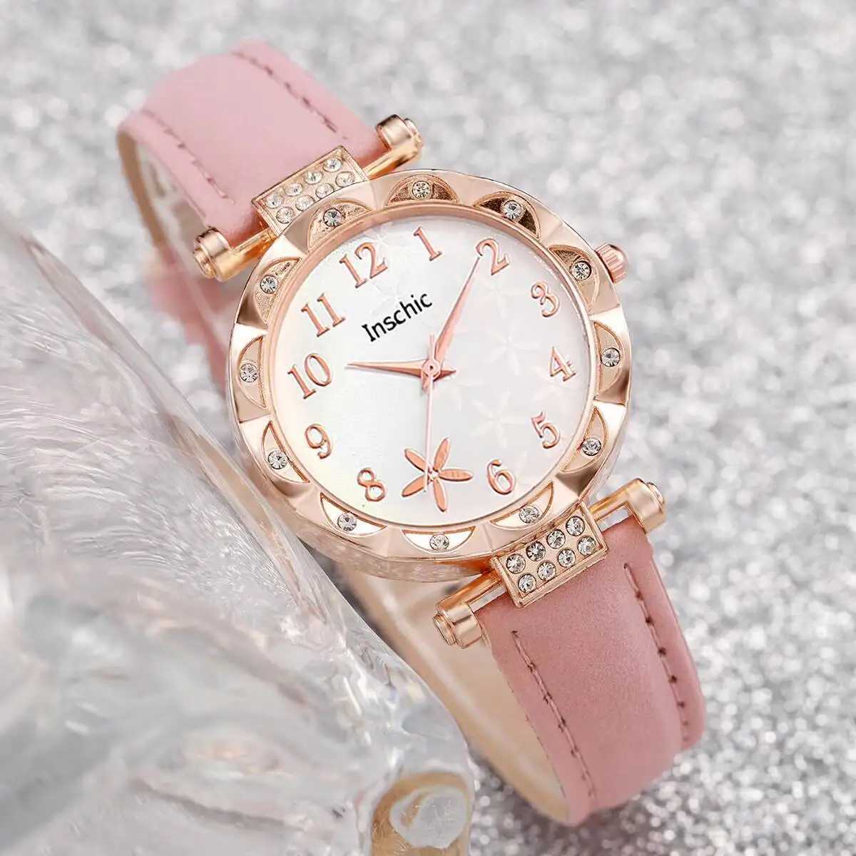 6PCS/Set Fashion Flowers Dial Womens Quartz Watch Leather Band Watches Rhinestone Jewelry SetWithout Box Y251212