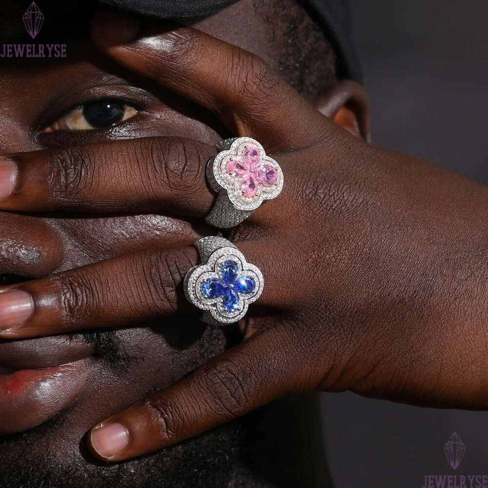 Luxury Wedding Jewelry Couple Lucky Clover Ring 925 Sterling Silver Pink Water Drop VVS Moissanite Diamond Iced Out Cross Ring