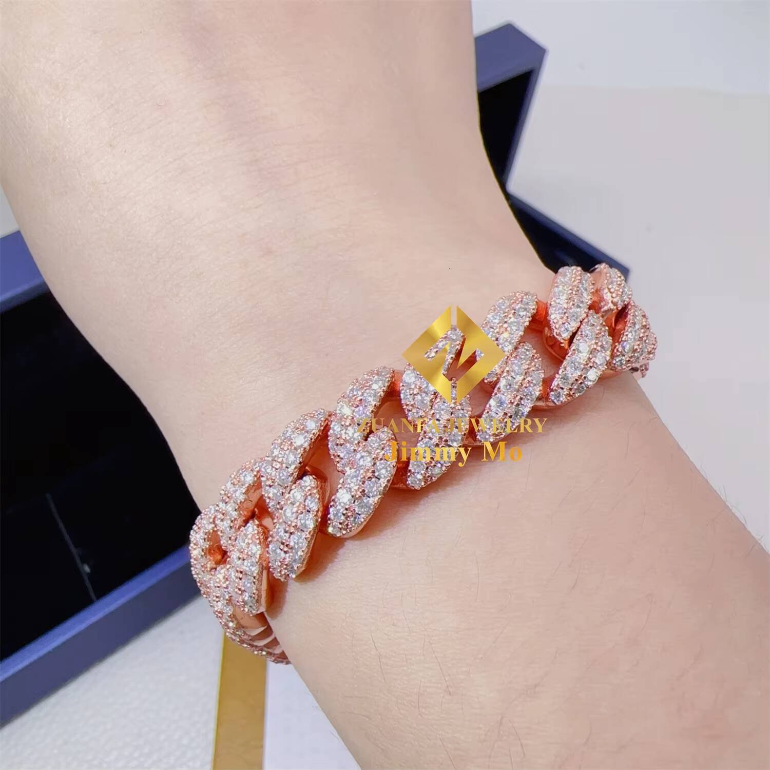 925 Solid Silver Rose Gold Plated Iced Out Hip Hop Fire Jewelry VVS Moissanite Diamond Cuban Link Chain Bracelet Man