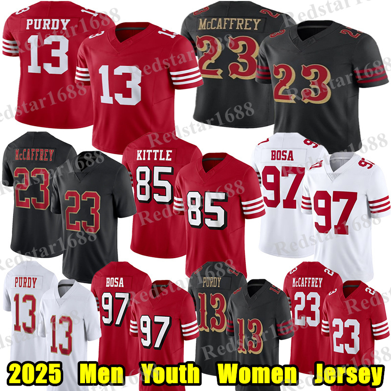 #23 Christian McCaffrey Football Jersey #13 Brock Purdy George Kittle Nick Bosa Fred Warner Jerry Rice Joe Montana Lott Mac Jones Brandon Aiyuk Mykel Williams jerseys