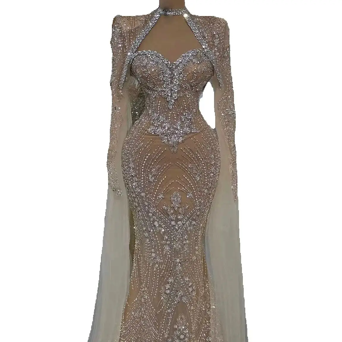 Unique Nude Prom Dress Long Cape Sleeve Crystals Formal Women Party Gowns Size Customized Dubai Formal Reception Dresses Arabic Robes De Mariee L25329