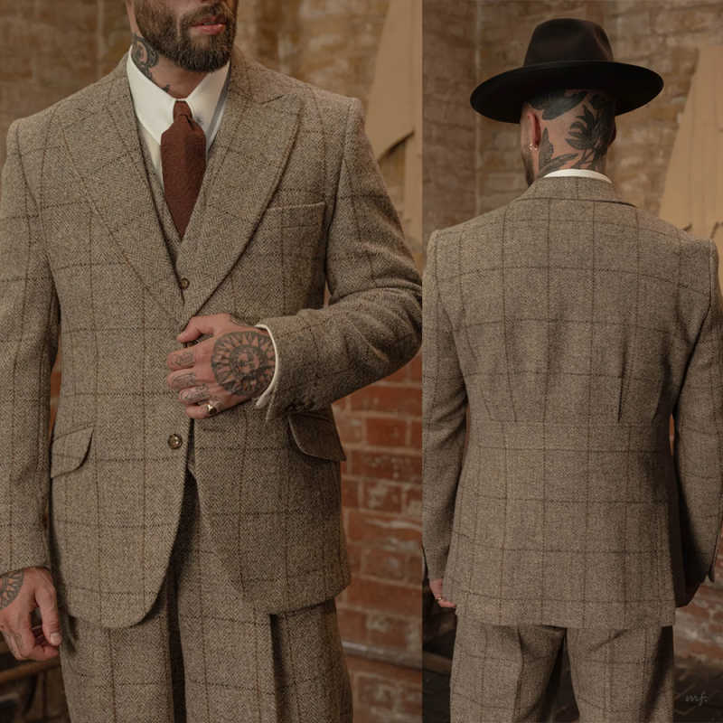 Vintage Grid Men Suit 3 Piece Fit Blazer Pants Vest Single Breasted Winter Formal Business Customized trajes de hombre