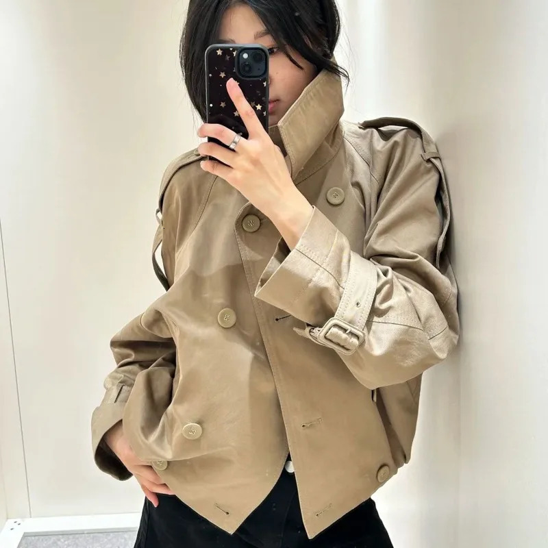 Chic Short Trench Coats Women with Belt Turtleneck Double Breasted Full Sleeves Jackets Spring Autumn Commute Lady Outwears 251212
