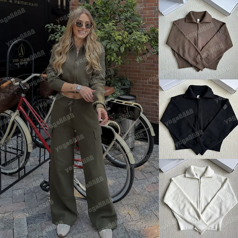 Yoga Knit Full Zip Jackets Casual Short Hoodie Zipper Open Front Cardigan Cropped Hoodie Solid Color Versatile Knit Long Sleeve Sweater Womens Warm Coat Outerwear