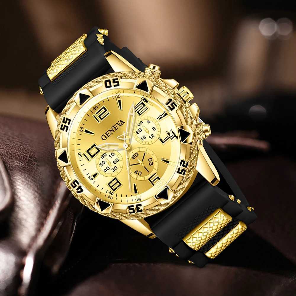 4PC Golden Mens Watch Set Fashionable and Versatile Quartz Watch Bracelet Necklace Ring Set Perfect Gift for Friends or Dad Y251212