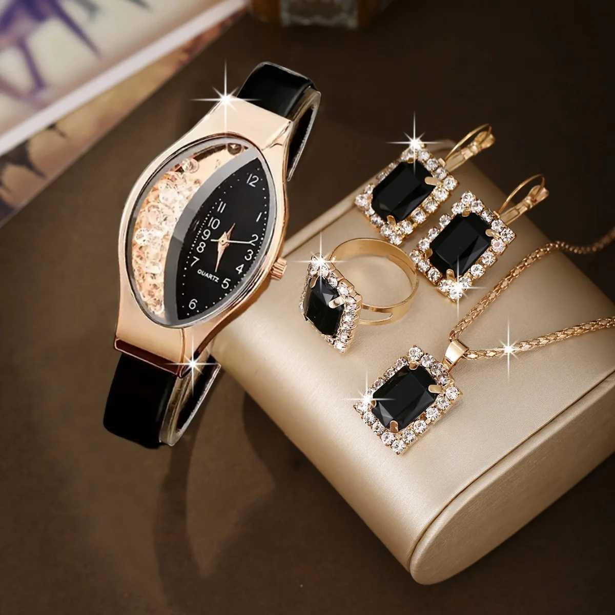 5pcs Elegant Womens Watch Jewelry Set Luxury Rhinestone Leather Band Wristwatch Reloj Mujer Girls Clock GiftWithout Box Y251212