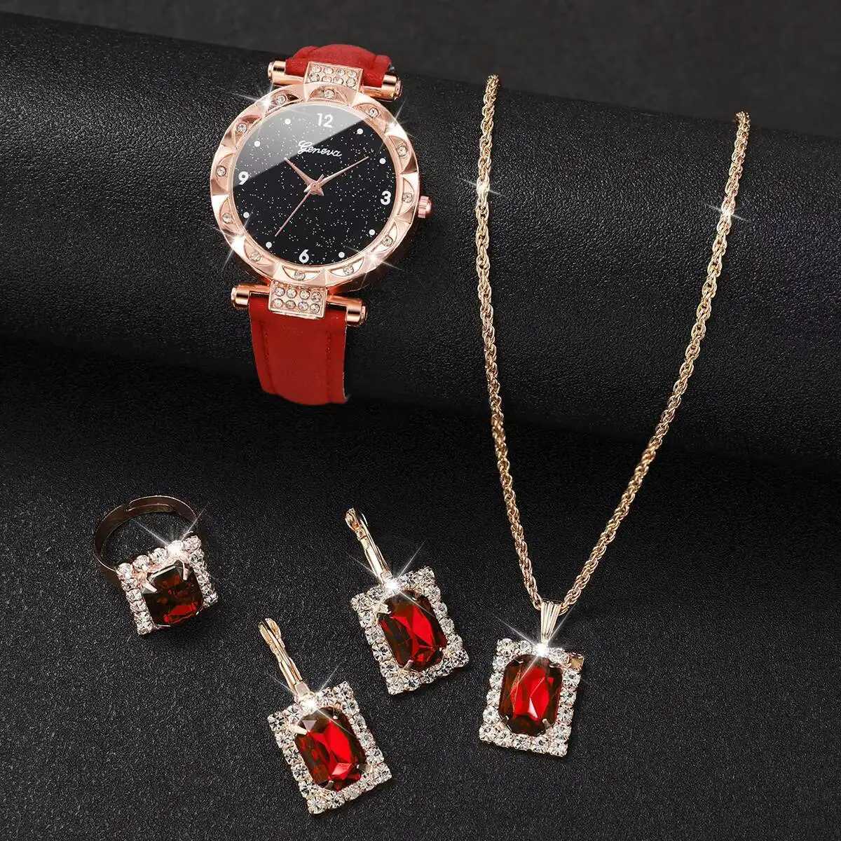 5PCS/Set Fashion Rhinestone Womens Watch Leather Strap Ladies Quartz Wristwatches Diamond Jewelry Set Reloj MujerWithout Box Y251212