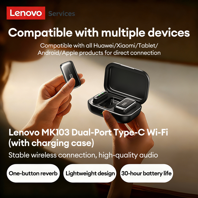 Lenovo Wireless Lapel Microphone Recording MK103 Mic for Mobile Live Streaming Streaming Audio Equipment for Broadcasters Portable Mini Mic with Noise