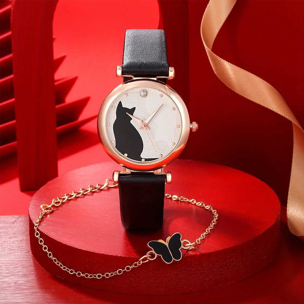 1pc Casual Round Pointer Quartz Watch Cat Pattern Rhinestone Decor Analog Dress Watch 4pcs Jewelry Set Gift For Mom/Her Y251212