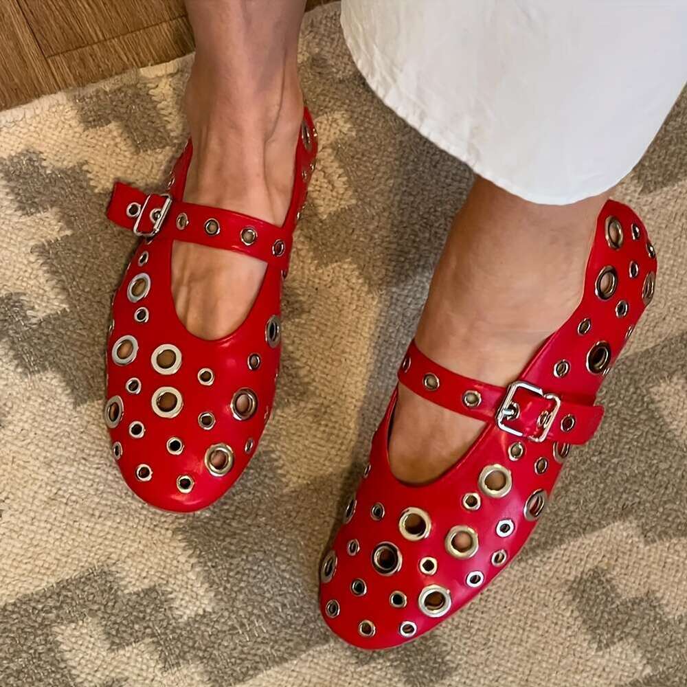 Fashionable, Classic, Casual, Soft, Women's shoes, mesh ballet flat shoes, women's buckle, patent leather edge decoration, comfortable, brea