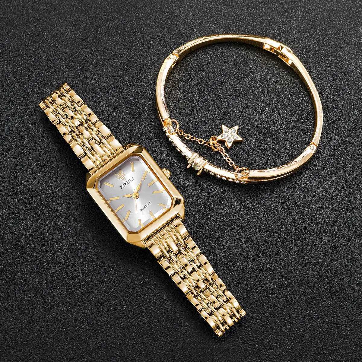 2PCS/Set Fashion Rectangle Women Watches Stainless Steel Band Quartz Watch Bracelet Set Reloj MujerWithout Box Y251212
