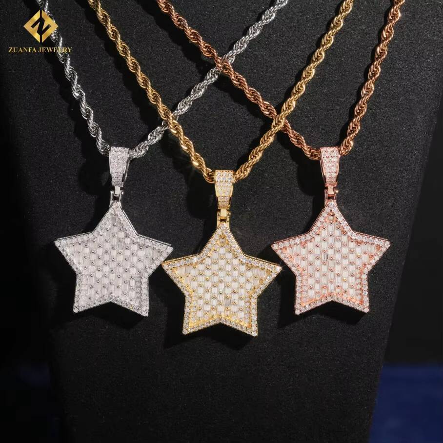 Factory Outlet VVS Moissanite Pendant Men Hip Hop Baguette Cut Moissanite Star Pendant 925 Silver Pendant Pass Diamond Test GRA