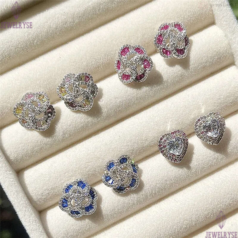 luxury diamond designer earring for woman 925 sterling silver round heart pink blue green 5A zirconia 18k gold womens back stud earrings jewelry acces