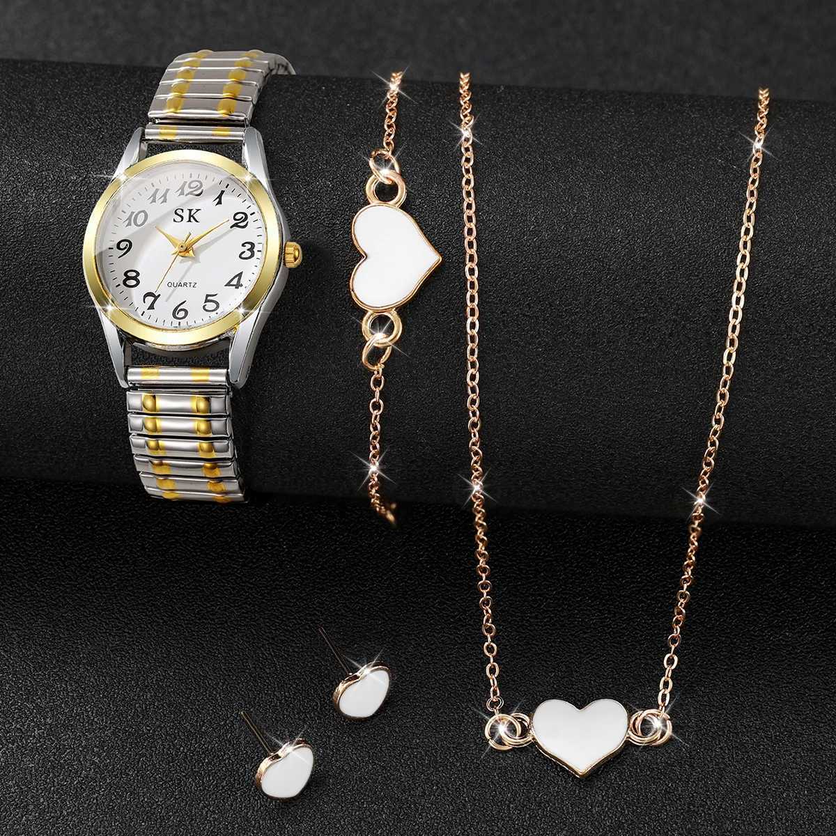 5PCS Fashion Elastic Strap Women Quartz Watch Simple Arabic Dial Ladies Wristwatch Heart Jewelry Set Reloj Mujer Without Box Y251212