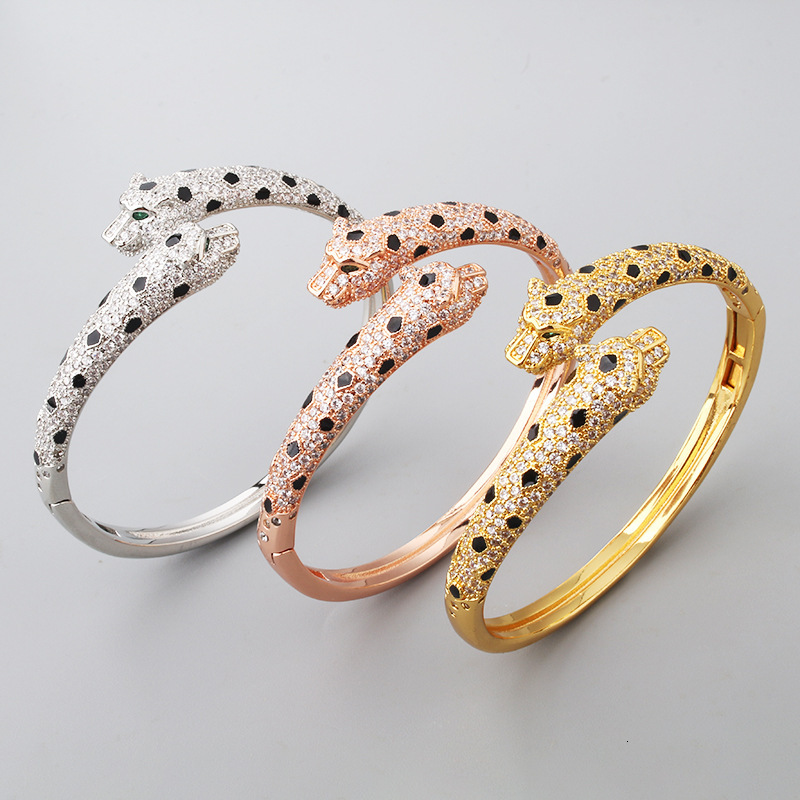 Trendy Internet Celebrity Style Spotted Full Diamond Double Leopard Head Bracelet Ring High-end Light Luxury Fashion Factory Wholesale