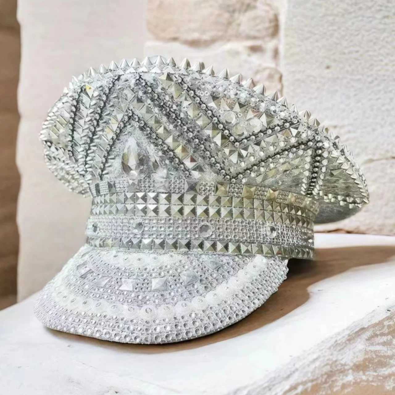 Beige Luxury Festival Captain Hat Unisex Adult Masquerade Military Cap Rhinestone Steampunk Sergeant Hat Music Festival Cosplay X251212