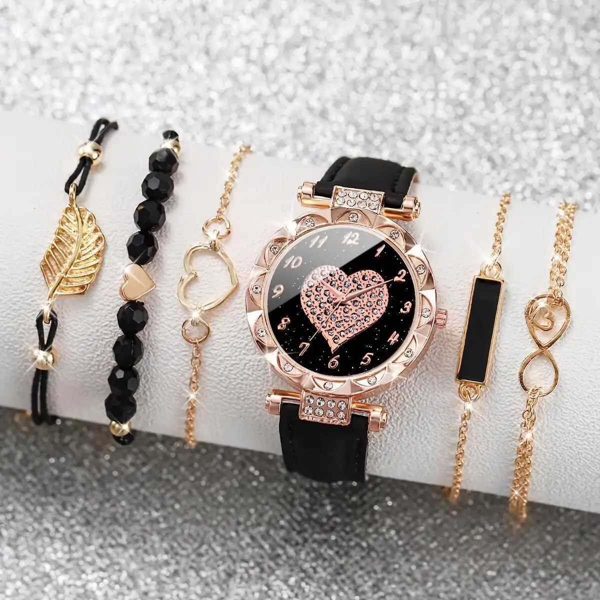 6PCS/Set Fashion Rhinestone Women Watches Leather Str apQuartz Wristwatch Heart Leaf Bracelets SetWithout Box Y251212