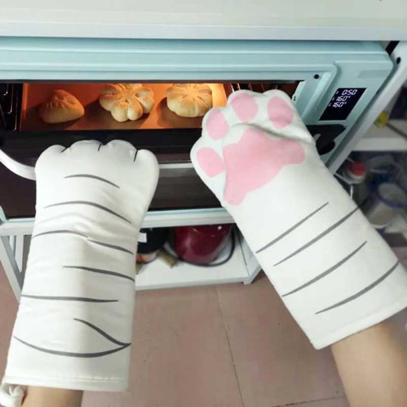 Norbi 1pc 3D Cartoon Cat Paws Oven Long Mitts Cotton Microwave Heat Resistant Baking Insation Gloves Non-slip Gloves H251212