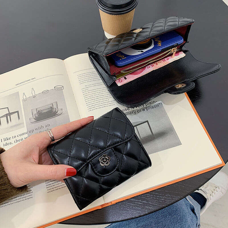 BHULAMTE Designer Classic Diamond Embroidered Thread Black Card Luxury Texture Camellia Women's Handbag Long Money Wallet Coin Bag Zipper Clip